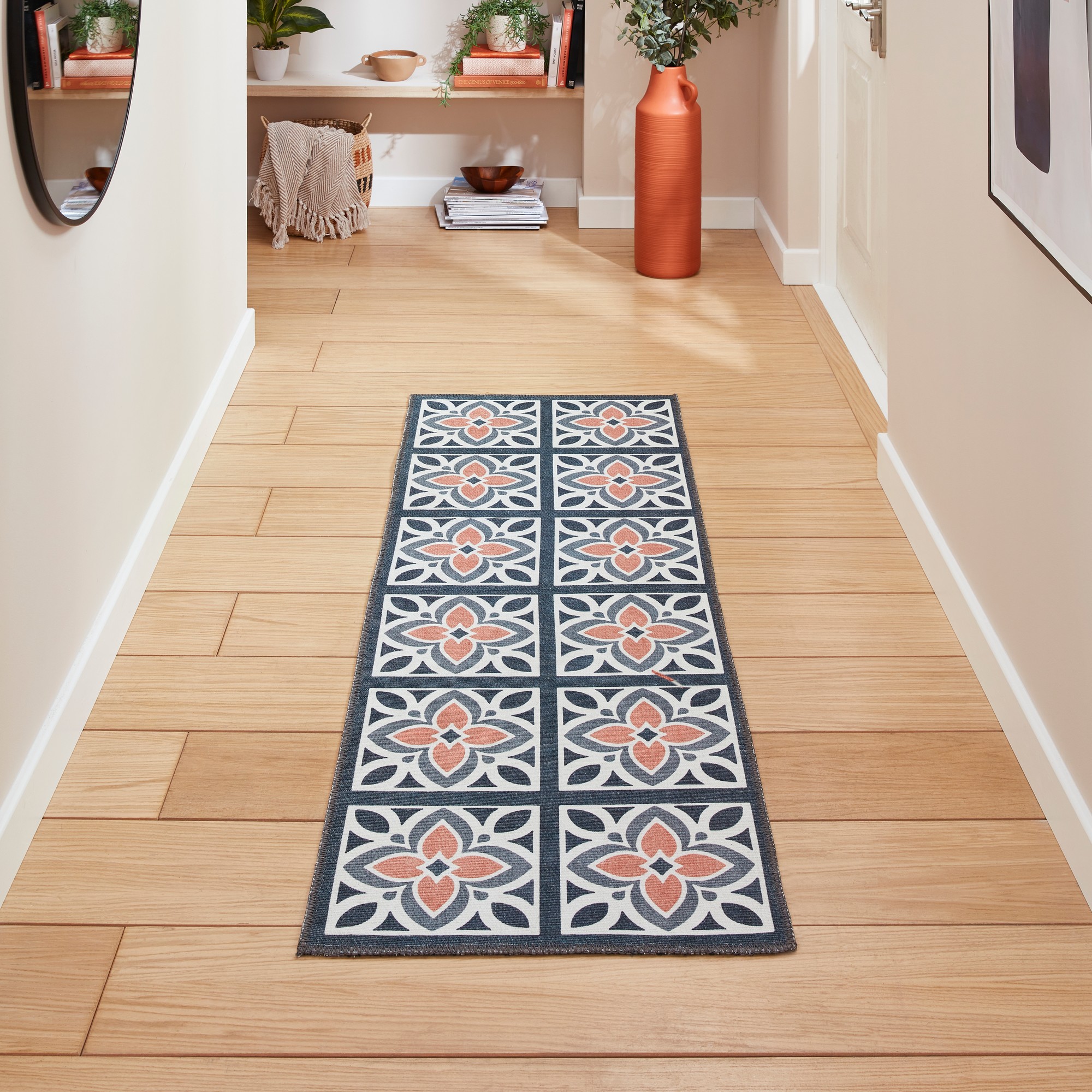 Victoria H1191 Modern Geometric Washable Runner Rugs In Grey Orange